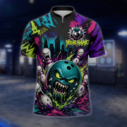 Personalized Graffiti Angry Ball And Pins Bowling Jersey For Men, Custom Team Bowling Shirt BZ0917