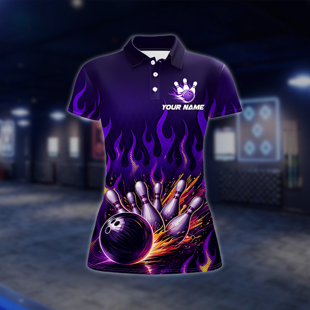 Personalized Flame Women's Bowling Polo Shirt Purple, Custom Flame Team Bowling Shirt For Women BZ0913