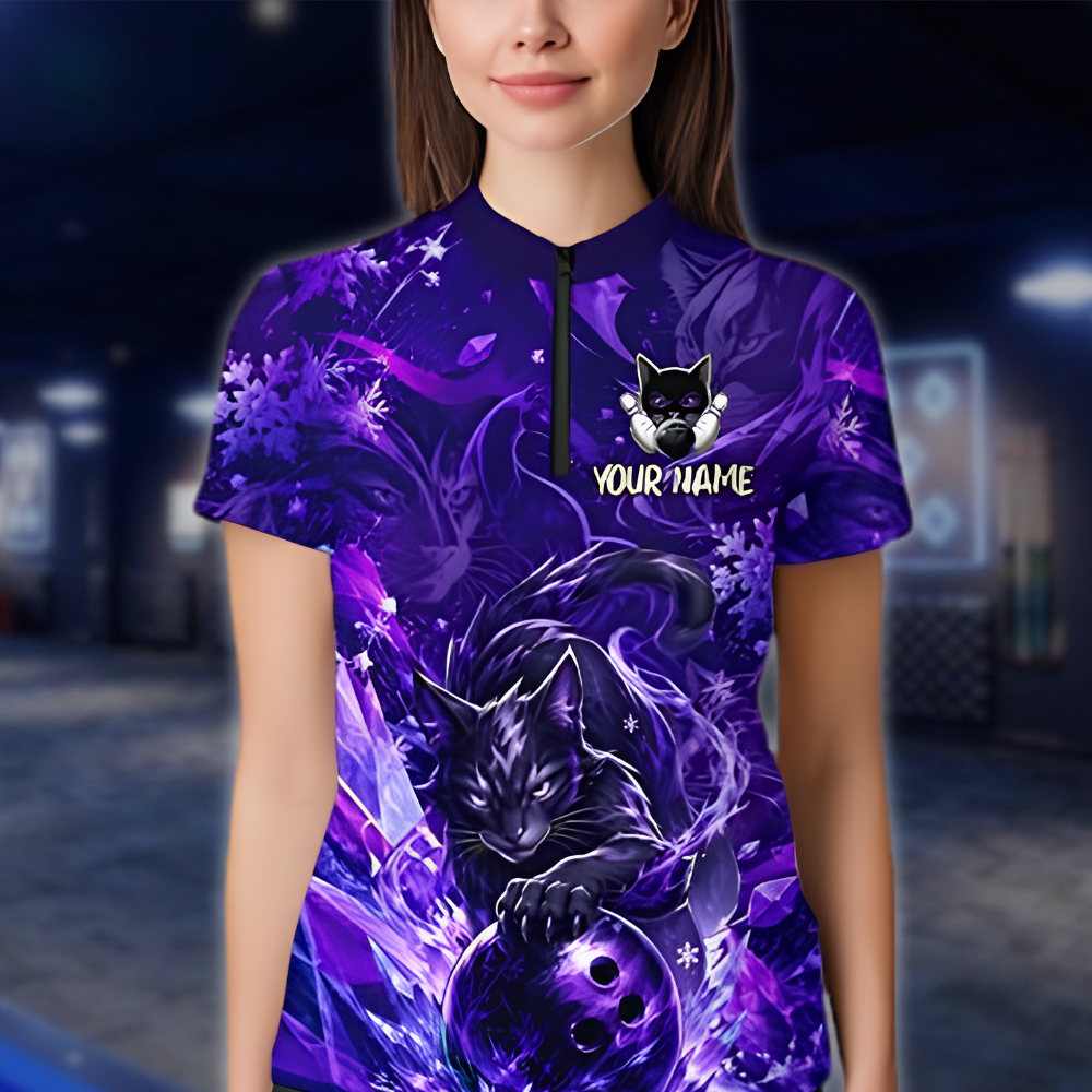 Personalized Cat Black Purple Bowling Jersey For Women, Custom Cat Team Bowling Shirt Ladies BZ0882