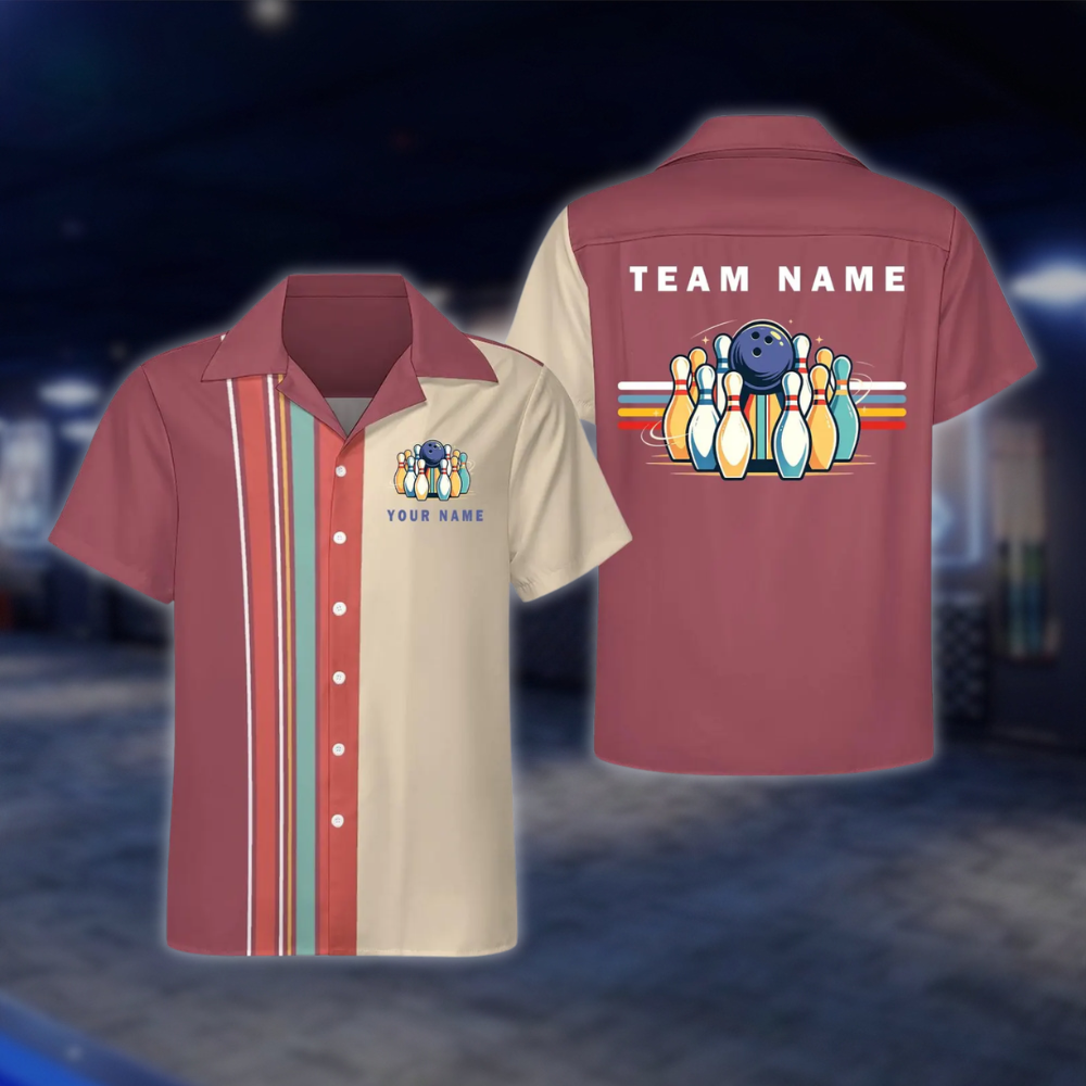 Personalized Retro Black Beige Bowling Hawaiian Shirt, Custom Retro Team Bowling Shirt BE0251