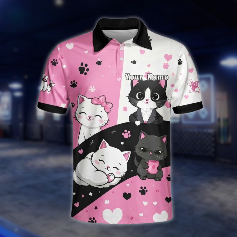 Personalized Cute Cate Bowling Polo Shirt Men, Pink White Custom Cat Bowling Shirt For Team BZ0853