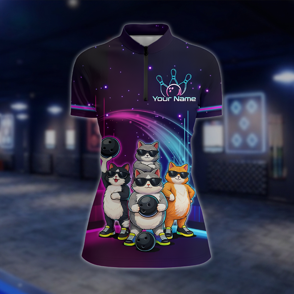 Personalized Womens Funny Cat Bowling Jersey, Custom Cat Bowling Team Shirt Ladies BZ0912