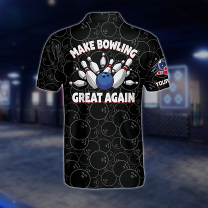 Make Bowling Great Again Custom USA Flag Black Bowling Polo Shirt For Mens, Custom Patriotic Bowling Shirts BM0085