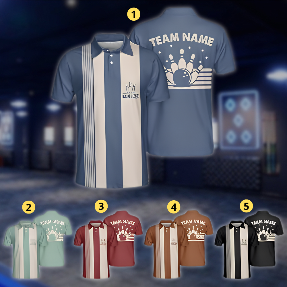 Personalized Blue Vintage Bowling Polo Shirt For Men, Custom Vintage Bowling Shirt For Team BZ0907