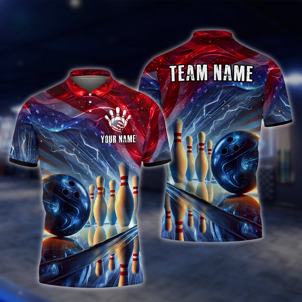 Personalized American Flag Neon Bowling Polo Shirt Mens, Custom Team Patriotic Bowling Shirt BZ0906