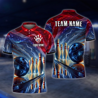 Personalized American Flag Neon Bowling Polo Shirt Mens, Custom Team Patriotic Bowling Shirt BZ0906