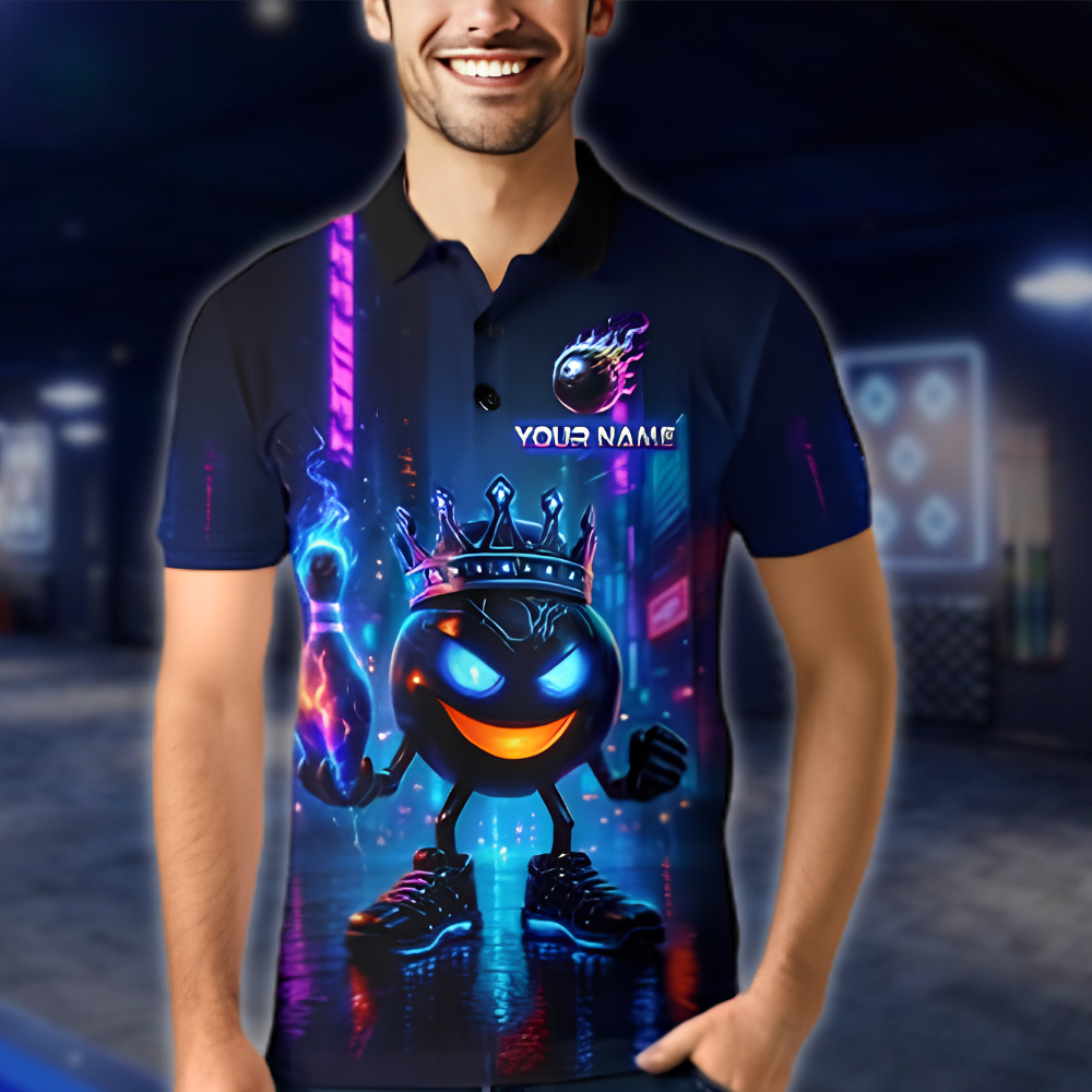 Personalized King Ball Flame Bowling Polo Shirt For Men, Custom Flame Bowling Team Shirt Neon BZ0881