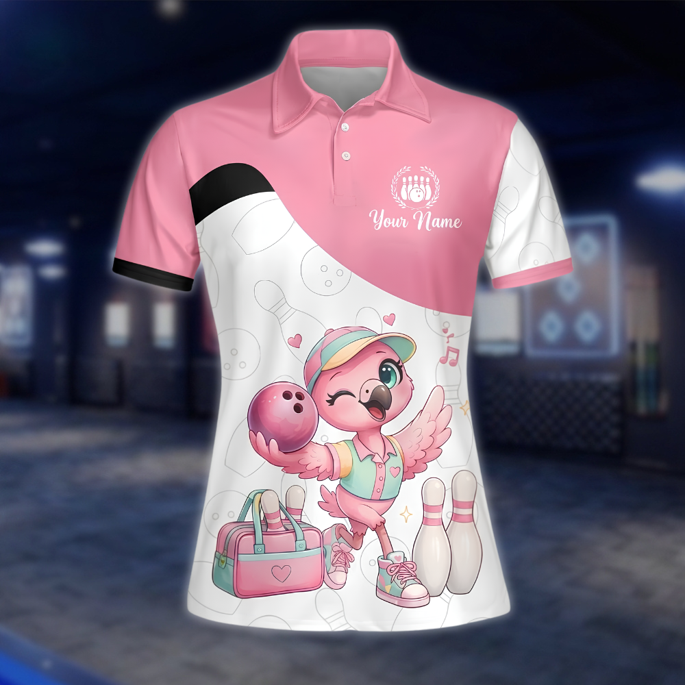 Personalized Funny Flamingo Bowling Womens Polo Shirt, Custom Team Flamingo Bowling Shirt For Ladies BZ0950