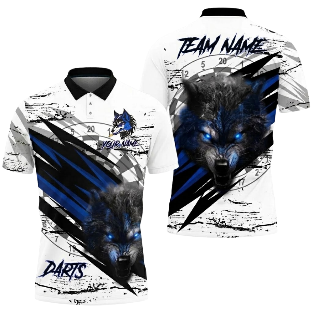 Mens Wolf Purple and White Personalized Darts Button Polo