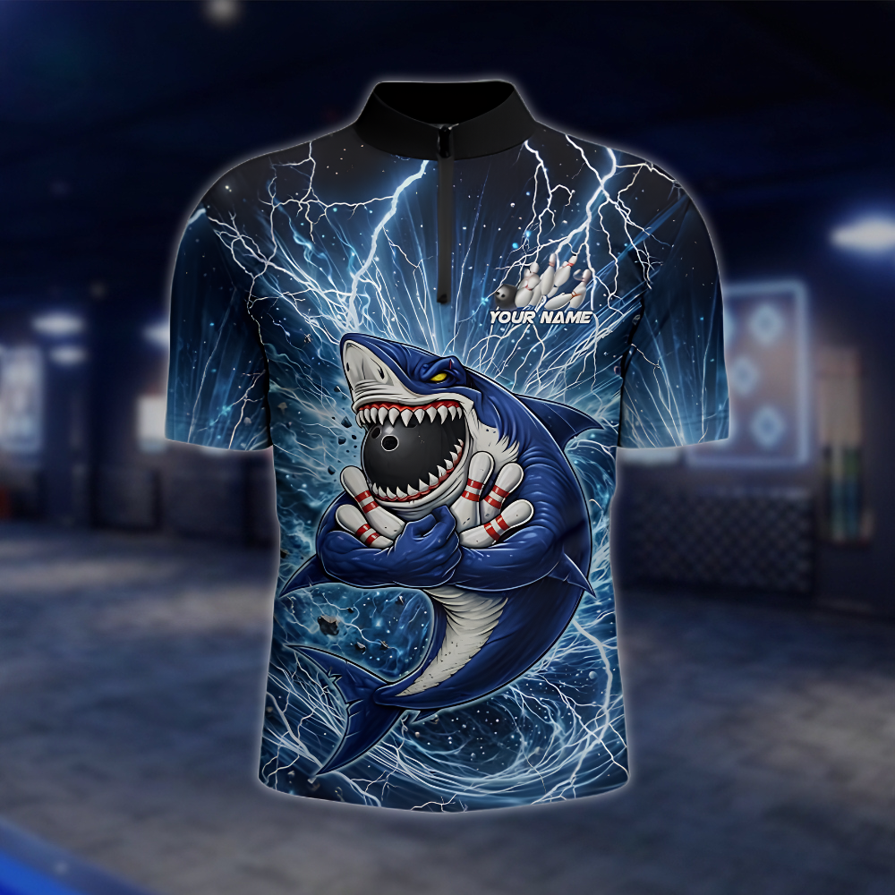 Custom Shark Blue Thunder Bowling Jersey For Men, Custom Shark Team Bowling Shirt BZ0892