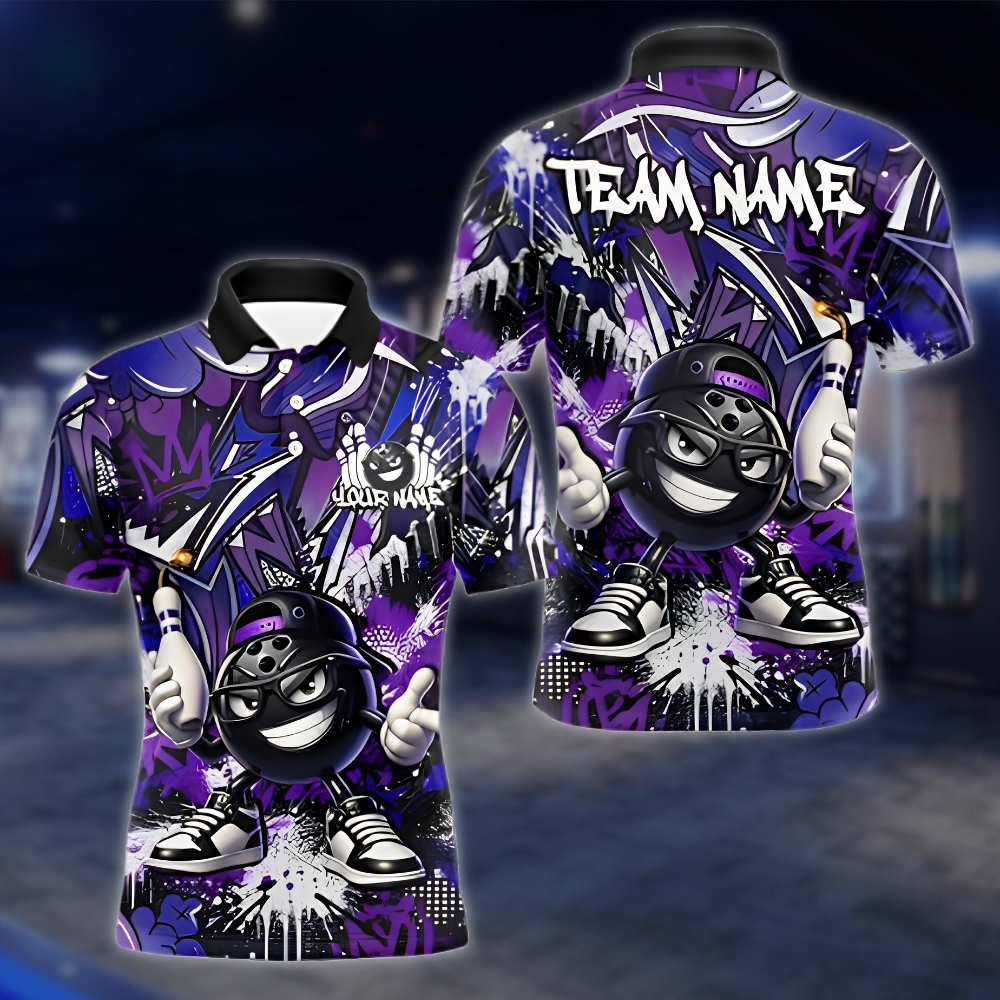 Funny Ball Personalized Graffiti Mens Bowling Polo Shirt, Custom Team Bowling Shirt BZ0914