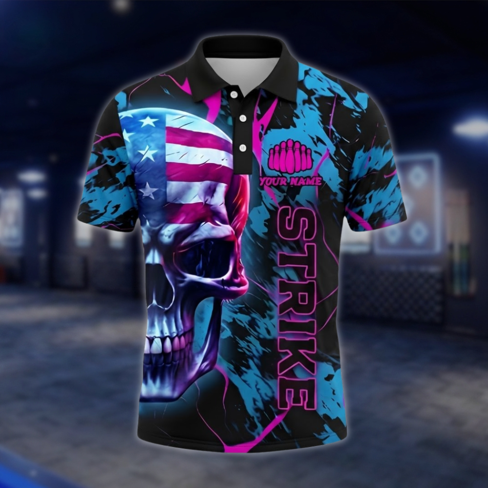 Personalized Skull Cyan Pink Bowling Men Polo Shirt USA Flag, Custom Skull Bowling Shirt Team BZ0874