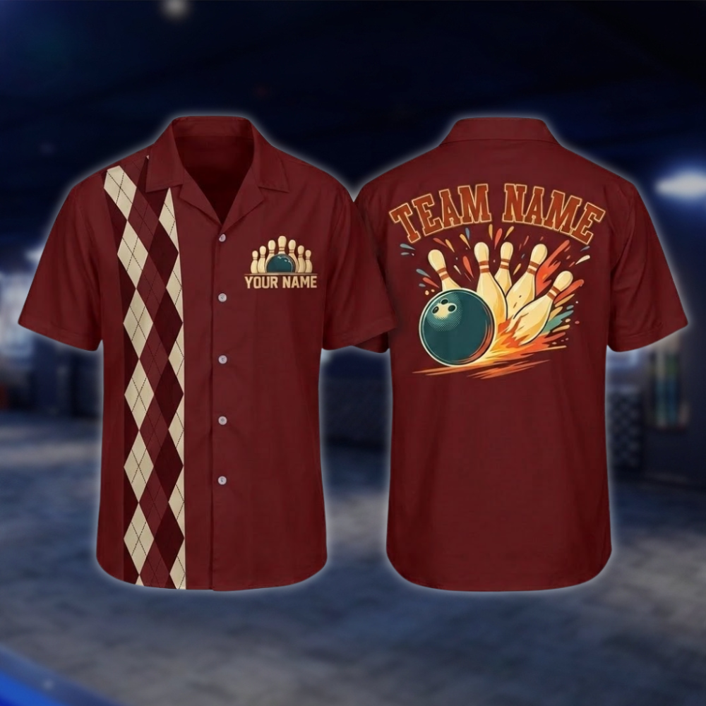 Personalized Argyle Navy Retro Bowling Hawaiian Shirt For Men, Custom Retro Bowling Shirt For Team BZ0797