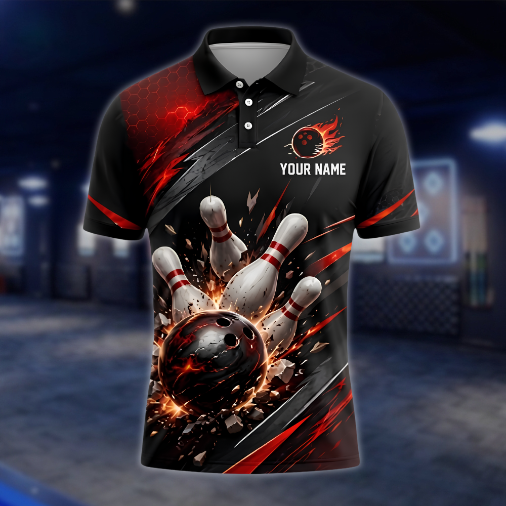 Personalized Flaming Red Black Bowling Polo Shirt For Men, Custom Flame Bowling Team Shirt BZ0916