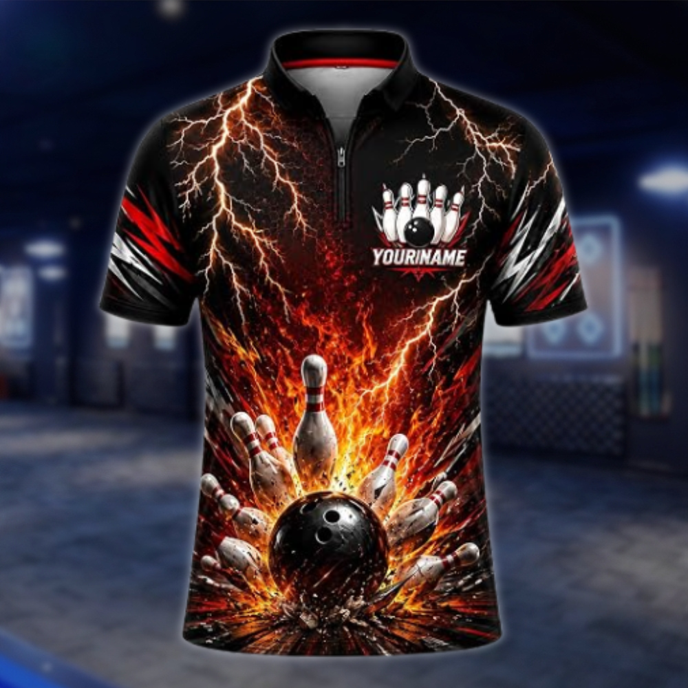 Personalized Thunder Fire Bowling Jersey For Men, Custom Flame Team Bowling Shirts BZ0868