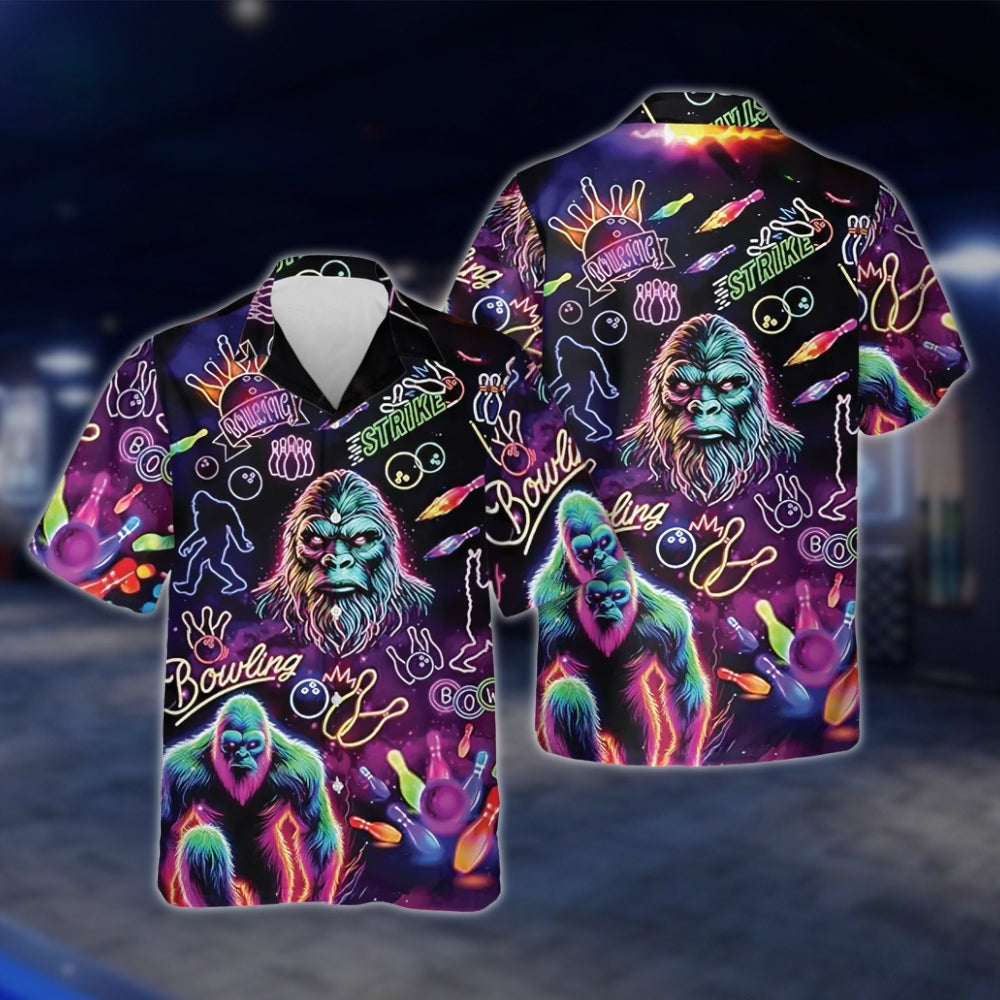 Neon Bigfoot Men's Bowling Hawaiian Shirt, Sasquatch Bigfoot Bowling Shirts BZ0204