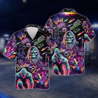 Neon Bigfoot Men's Bowling Hawaiian Shirt, Sasquatch Bigfoot Bowling Shirts BZ0204