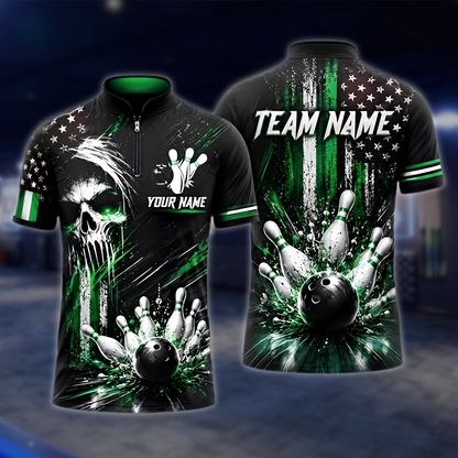 Personalized Skull American Flag Bowling Mens Jersey, Custom Skull Bowling Team Shirt BZ0954