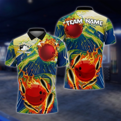 Personalized Flame Bowling Men's Polo Shirt, Custom Flame Bowling Shirts For Team BZ0733