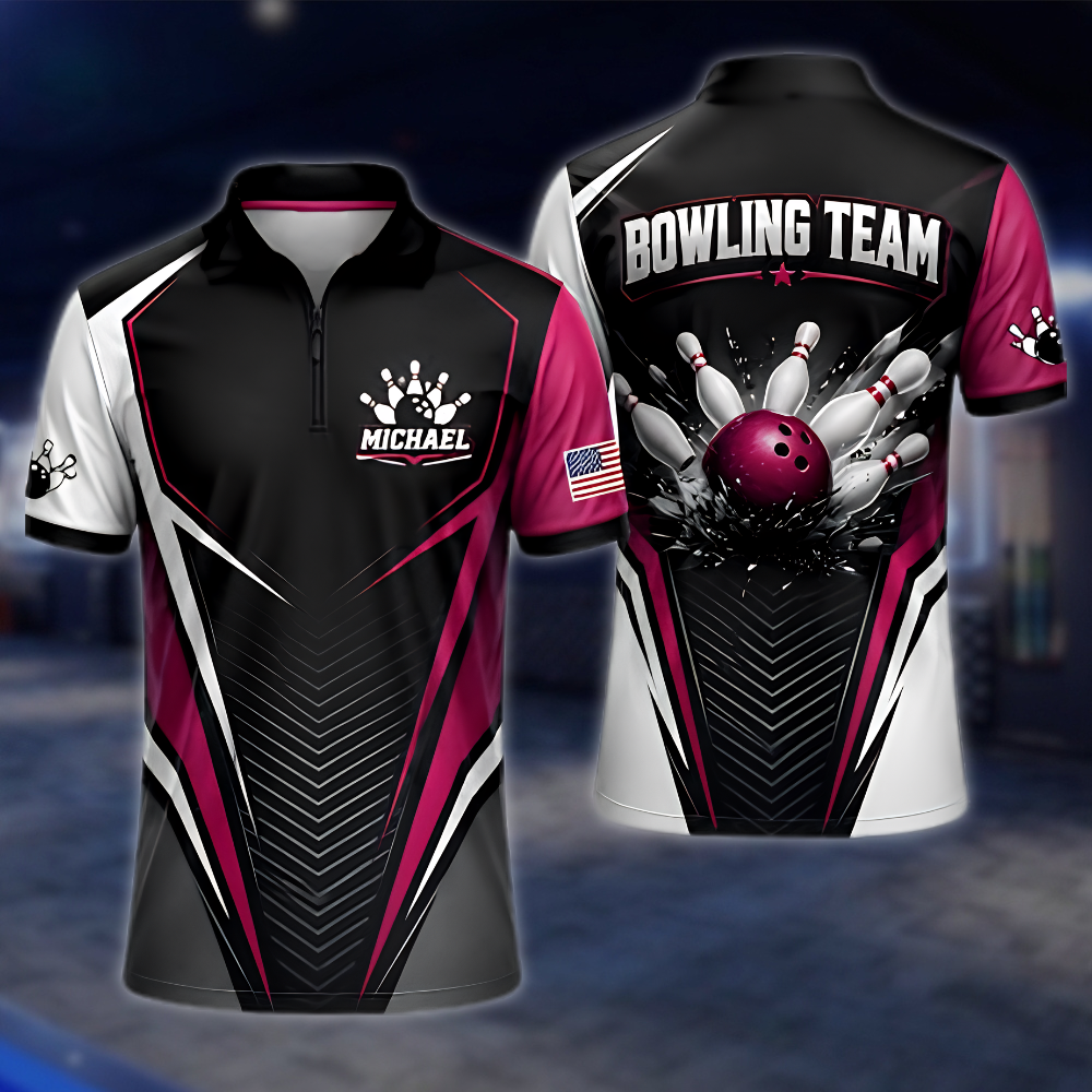 Personalized Black Red Bowling Team Jersey, Custom Mens Bowling Shirt BZ0872