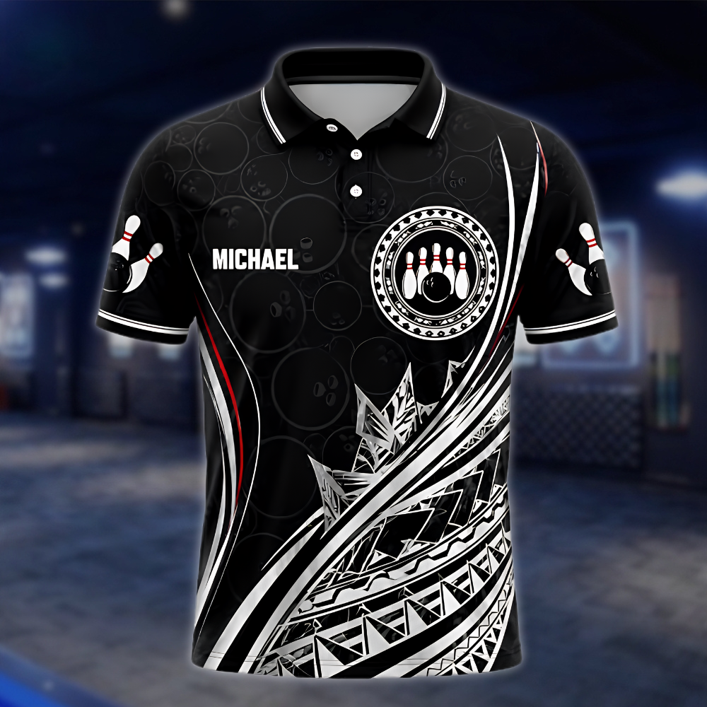 Personalized Tribal Bowling Mens Polo Shirt Black Red White, Custom Tribal Bowling Shirt Team BZ0870