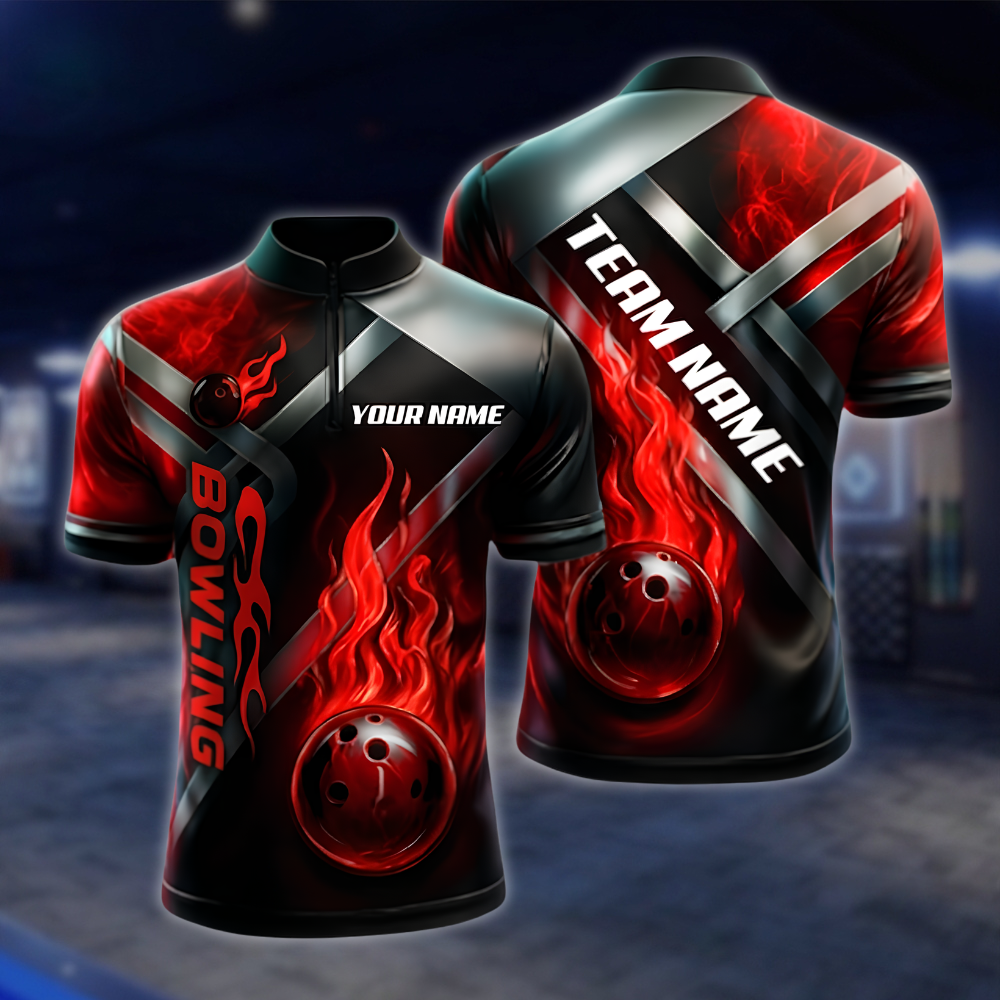 Personalized Flame Ball Green Black Bowling Jersey Men, Custom Flame Bowling Shirt Team BZ0964