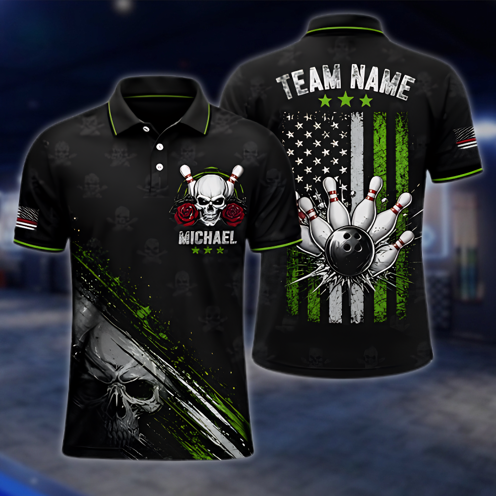 Personalized Skull USA Flag Mens Bowling Polo Shirt Black Red, Custom Skull Bowling Shirt Team BZ0953
