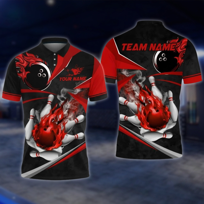 Personalized Fire Ball Black And Gold Bowling Polo Shirt For Men, Custom Flame Bowling Shirt Team BZ0897