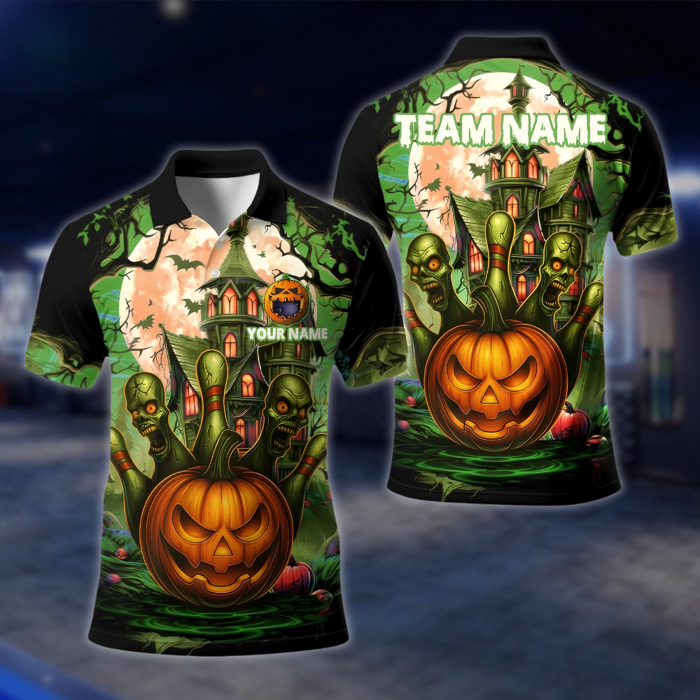 Personalized Skull Pumpkin Bowling Polo Shirt Mens, Custom Halloween Bowling Shirt For Team BE0249