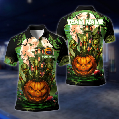 Personalized Skull Pumpkin Bowling Polo Shirt Mens, Custom Halloween Bowling Shirt For Team BE0249