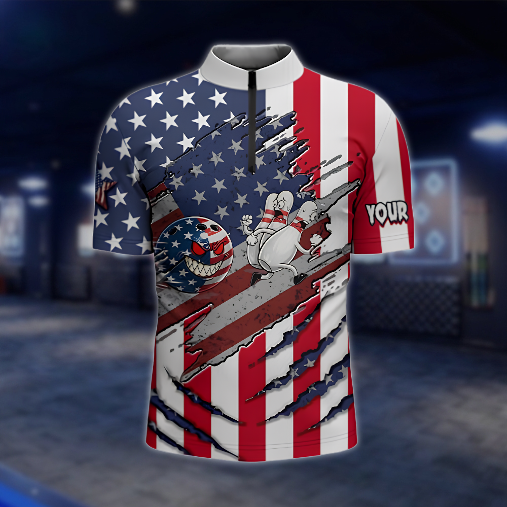 Personalized USA Flag Funny Pins And Ball Bowling Jersey, Men's Custom Patirotic Bowling Team Shirt BZ0900