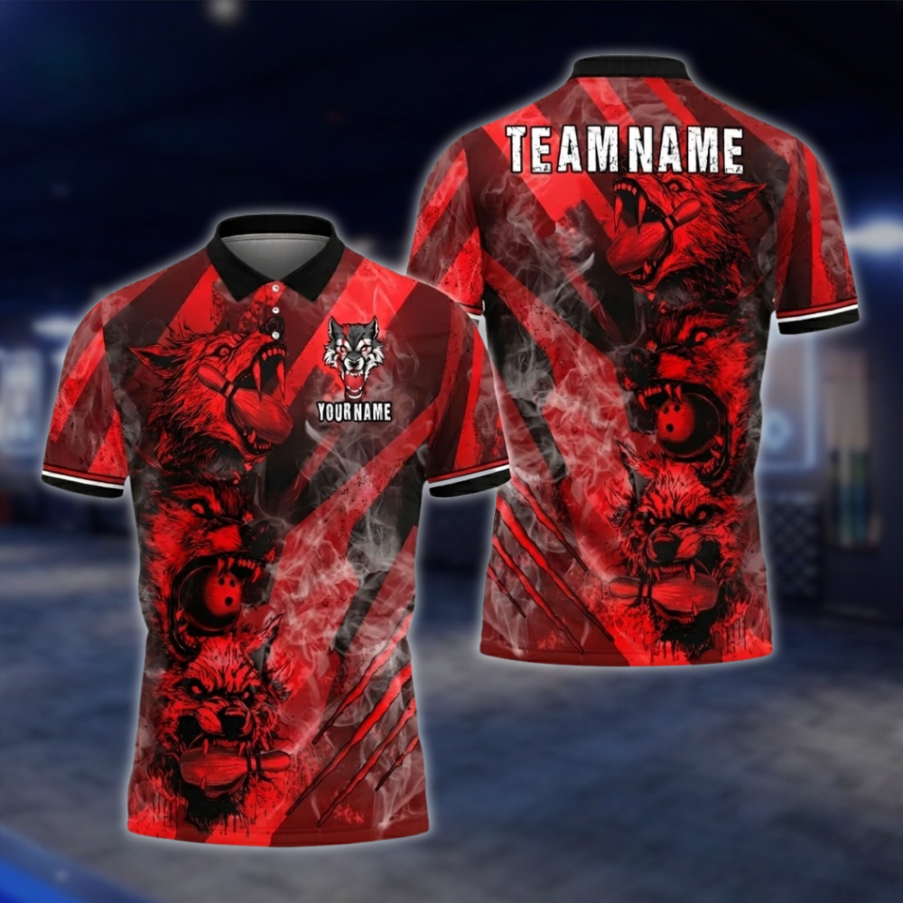 Personalized Wolf Mens Bowling Polo Shirt Blue Smoke, Custom Wolf Bowling Shirts For Team BZ0753