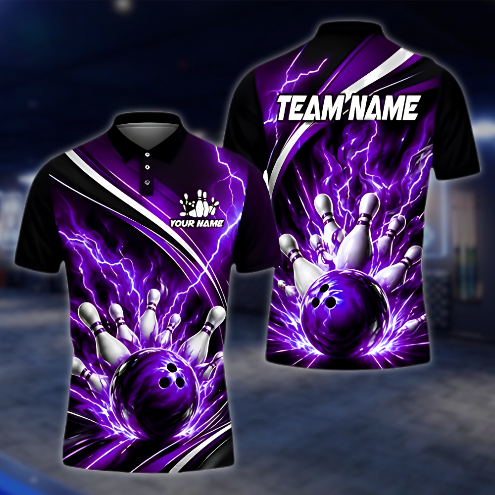 Personalized Thunder Blue Lightning Bowling Polo Shirt Men, Custom Thunder Bowling Team Shirt BZ0970