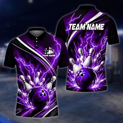 Personalized Thunder Blue Lightning Bowling Polo Shirt Men, Custom Thunder Bowling Team Shirt BZ0970