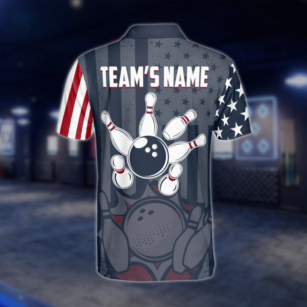 USA Flag Custom Mens Navy Bowling Polo Shirt, Custom Patriotic Bowling Team Shirts BZ0209