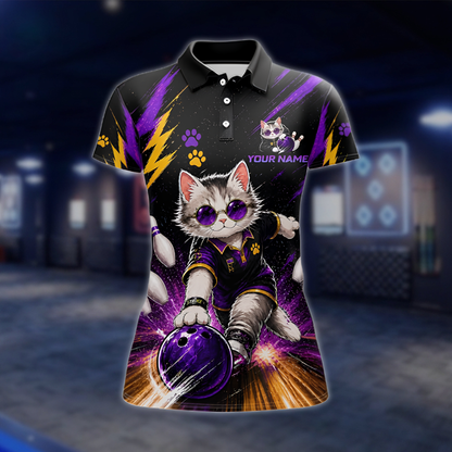 Personalized Cat Purple Black Bowling Polo Shirt Ladies, Custom Cat Team Bowling Shirts For Women BZ0891