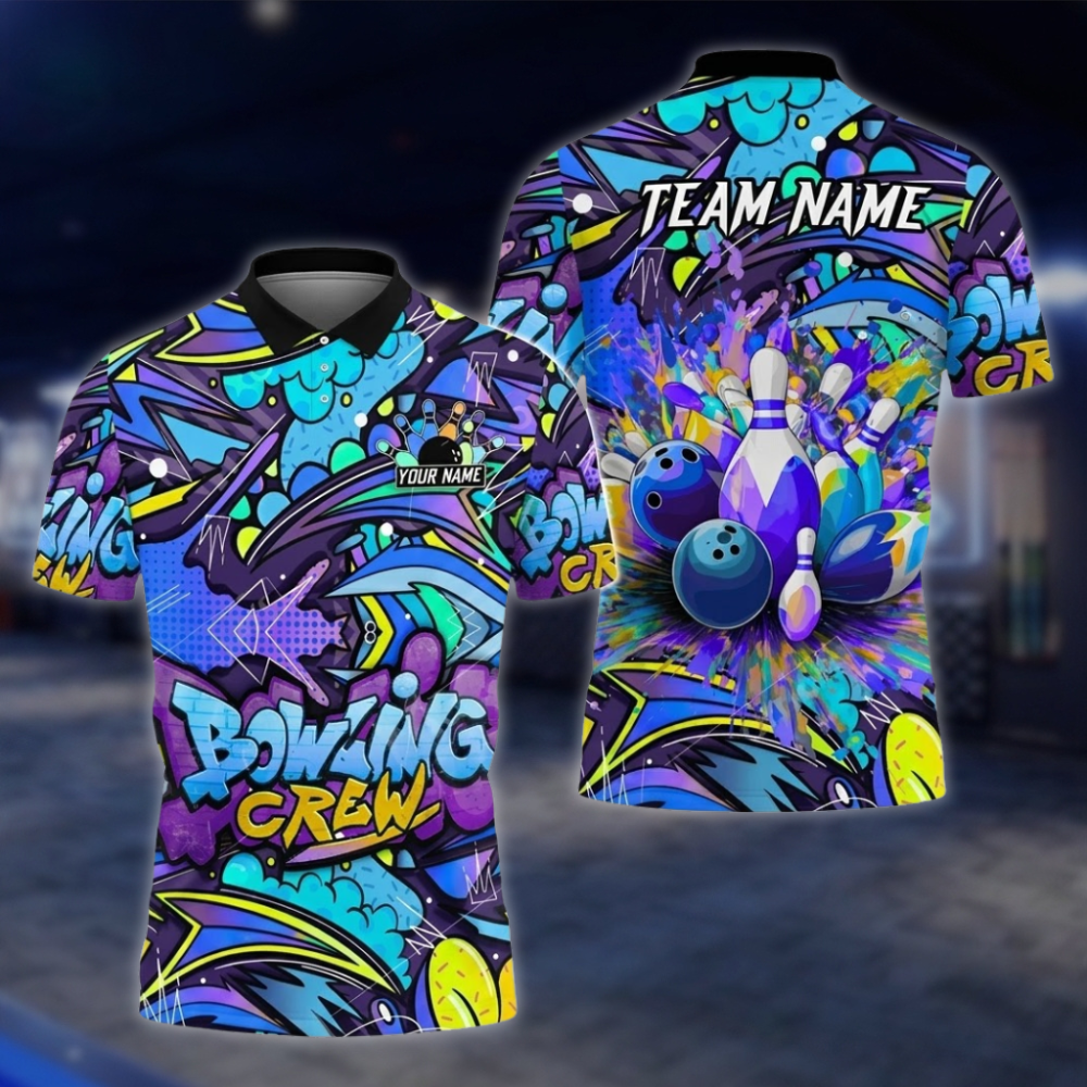 Personalized Graffiti Bowling Mens Polo Shirt, Custom Team Bowling Shirts BZ0857