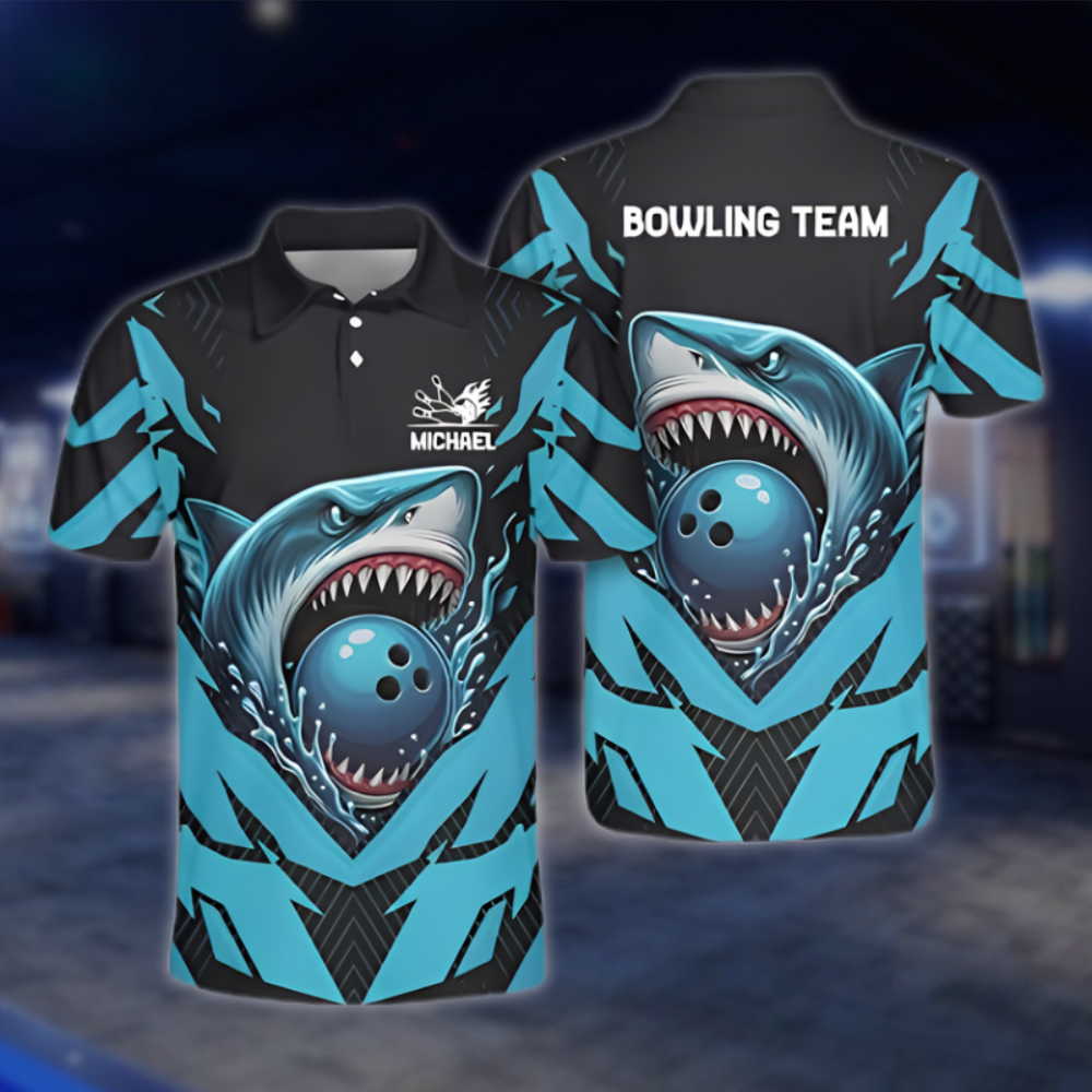 Personalized Shark Bowling Mens Polo Shirt Red Black, Custom Shark Bowling Team Shirt BZ0960