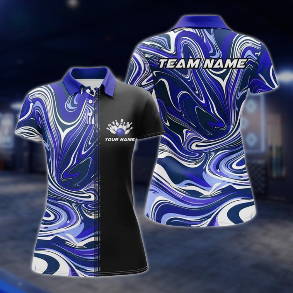 Personalized Marble Purple Black Women's Bowling Polo Shirt, Custom Team Bowling Shirt Ladies BZ0766