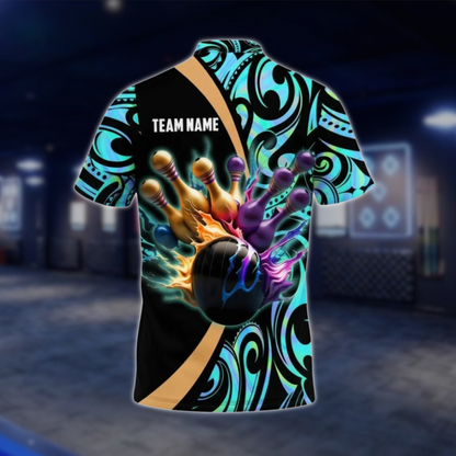 Personalized Golden Pins Men's Tribal Bowling Polo Shirt, Custom Tribal Bowling Shirt For Team BZ0803