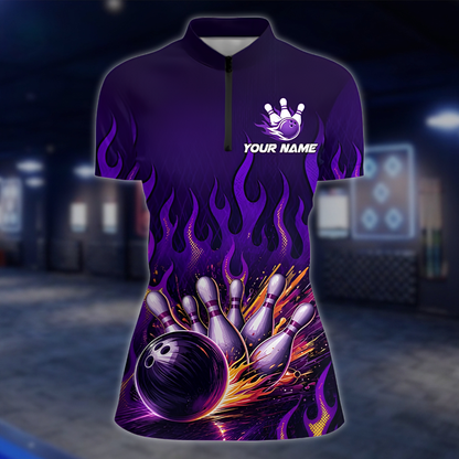 Personalized Purple Flame Womens Bowling Jersey, Custom Flame Bowling Team Shirts For Ladies BZ0862