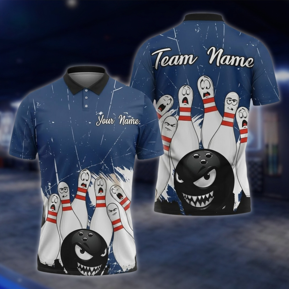 Angry Ball And Scary Pins Personalized Mens Bowling Polo Shirt, Custom Team Bowling Shirts BZ0854