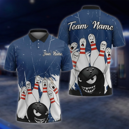Angry Ball And Scary Pins Personalized Mens Bowling Polo Shirt, Custom Team Bowling Shirts BZ0854