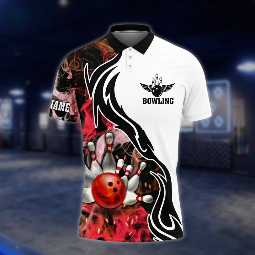 Personalized Flame Smoke Ball Bowling Mens Polo Shirt Red White, Custom Flame Bowling Team Shirt BZ0814