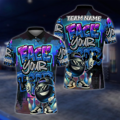 Face Your Fear Personalized Fun Ball Bowling Polo Shirt Men, Custom Funny Team Bowling Shirt Graffiti BZ0859