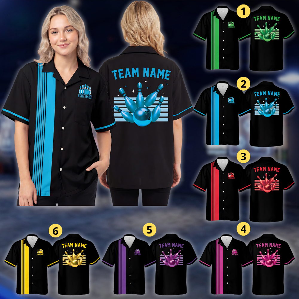 Personalized Vinatge Team Neon Blue Black Bowling Hawaiian Shirt, Custom Bowling Shirts BE0252