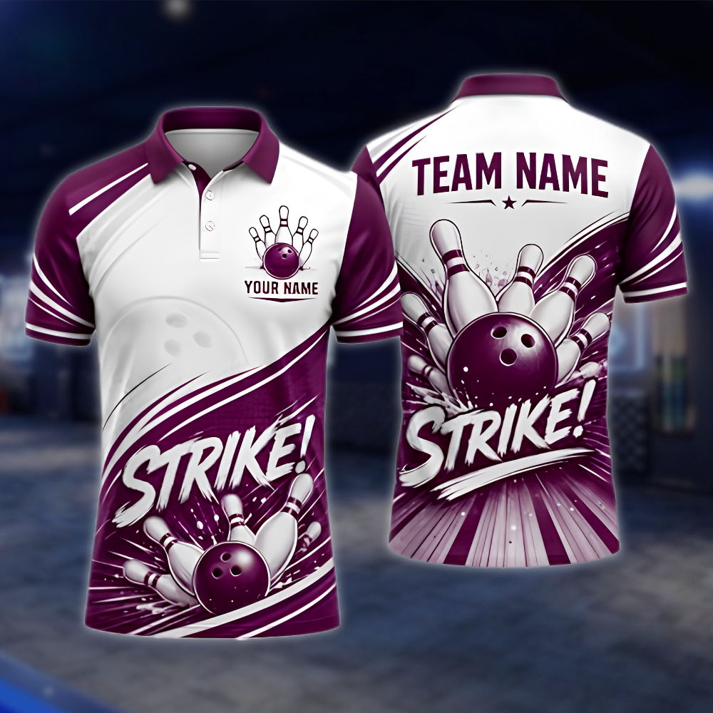 Personalized White Blue Strike Bowling Team Polo Shirt, Custom Men Bowling Shirt BZ0971
