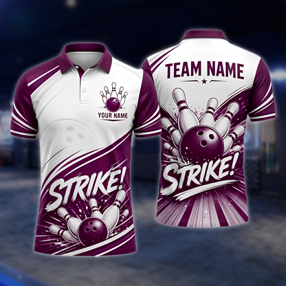 Personalized White Blue Strike Bowling Team Polo Shirt, Custom Men Bowling Shirt BZ0971