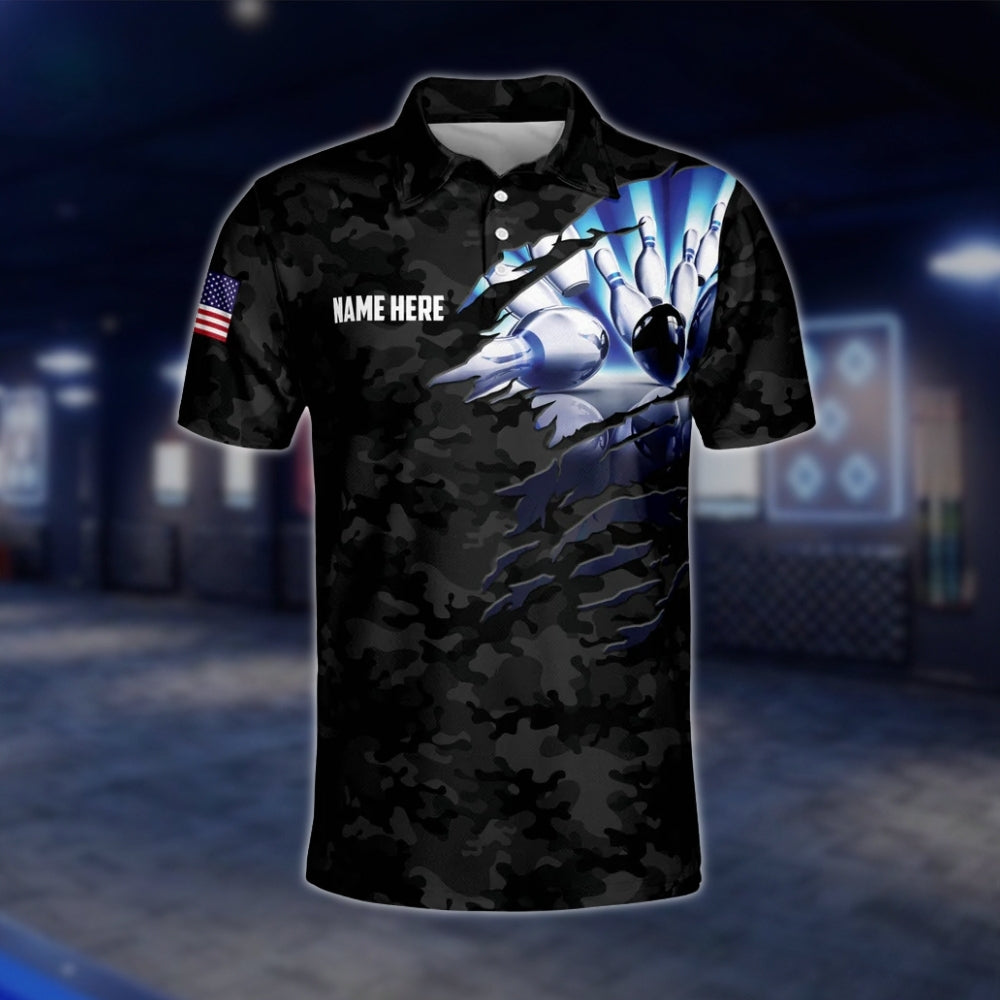 Custom Camo Black Blue Bowling Polo Shirt For Men, Custom Camo Bowling Team Shirts BZ0194