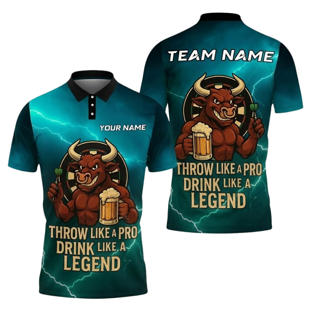 Throw Like a Pro Drink Like a Legend Bull Personalized Darts Button Polo